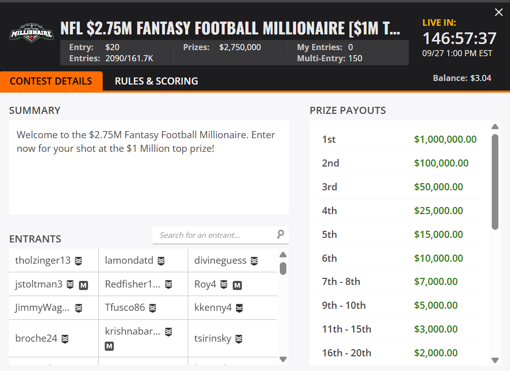 DraftKings payout screenshot with contest header