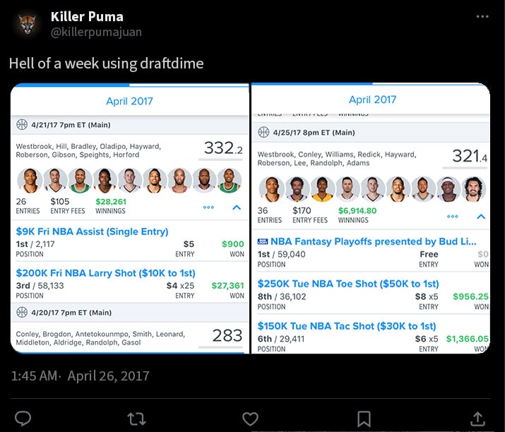 DraftDime user winnings screenshot 2