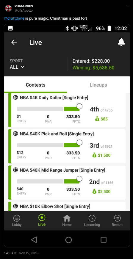 DraftDime user winnings screenshot 4