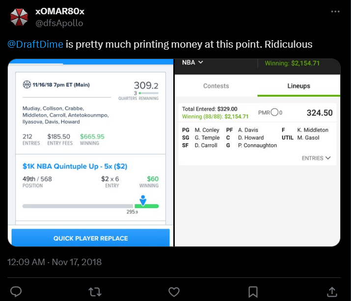 DraftDime user winnings screenshot 10