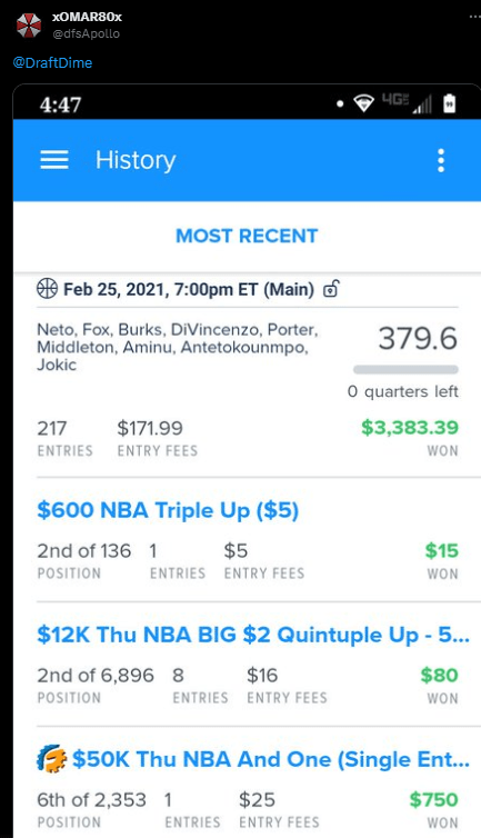 DraftDime user winnings screenshot 12
