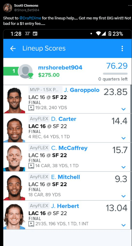 DraftDime user winnings screenshot 13