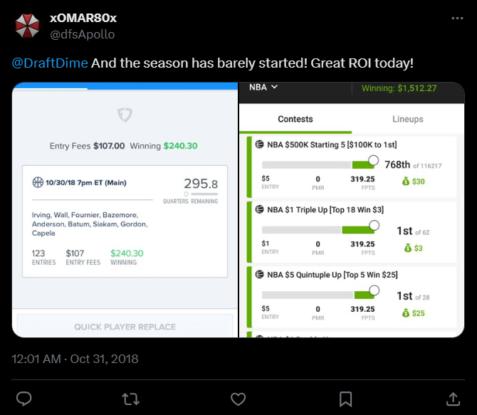 DraftDime user winnings screenshot 14