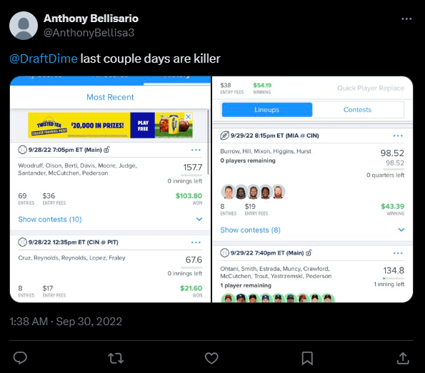 DraftDime user winnings screenshot 15