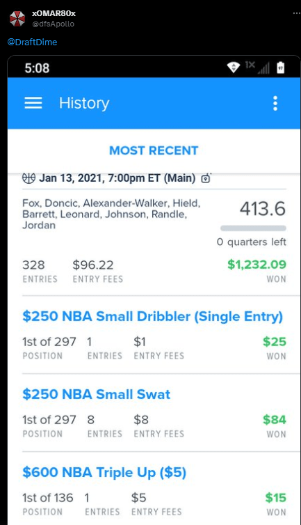 DraftDime user winnings screenshot 16