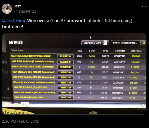 DraftDime user winnings screenshot 17