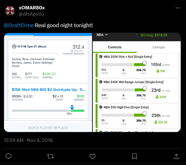 DraftDime user winnings screenshot 18