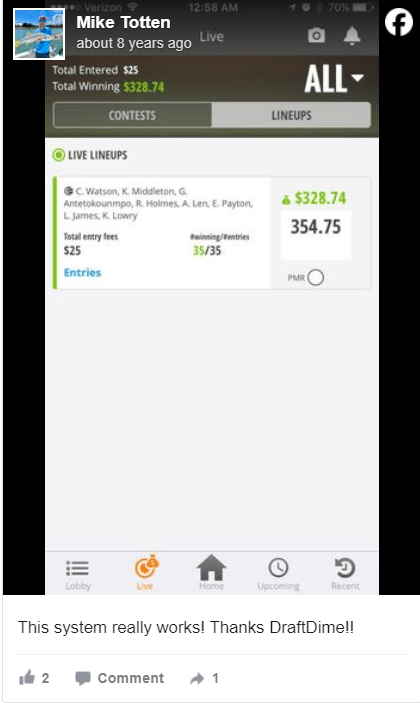 DraftDime user winnings screenshot 19