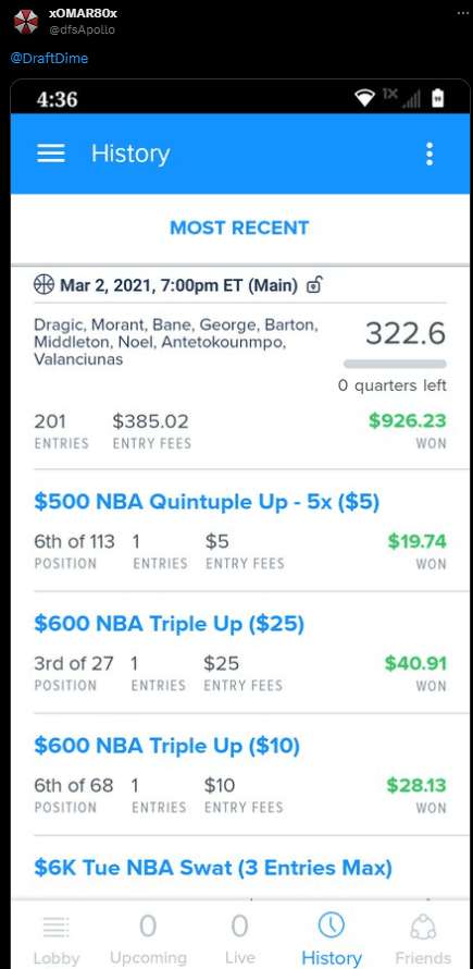 DraftDime user winnings screenshot 20