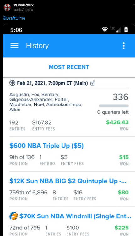 DraftDime user winnings screenshot 22