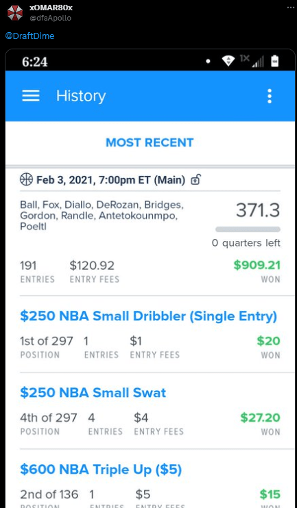 DraftDime user winnings screenshot 23