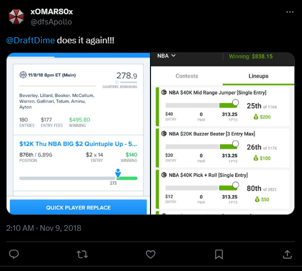 DraftDime user winnings screenshot 24