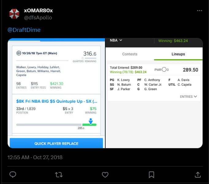 DraftDime user winnings screenshot 27