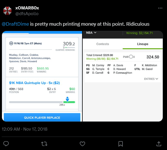 DraftDime user winnings screenshot 28