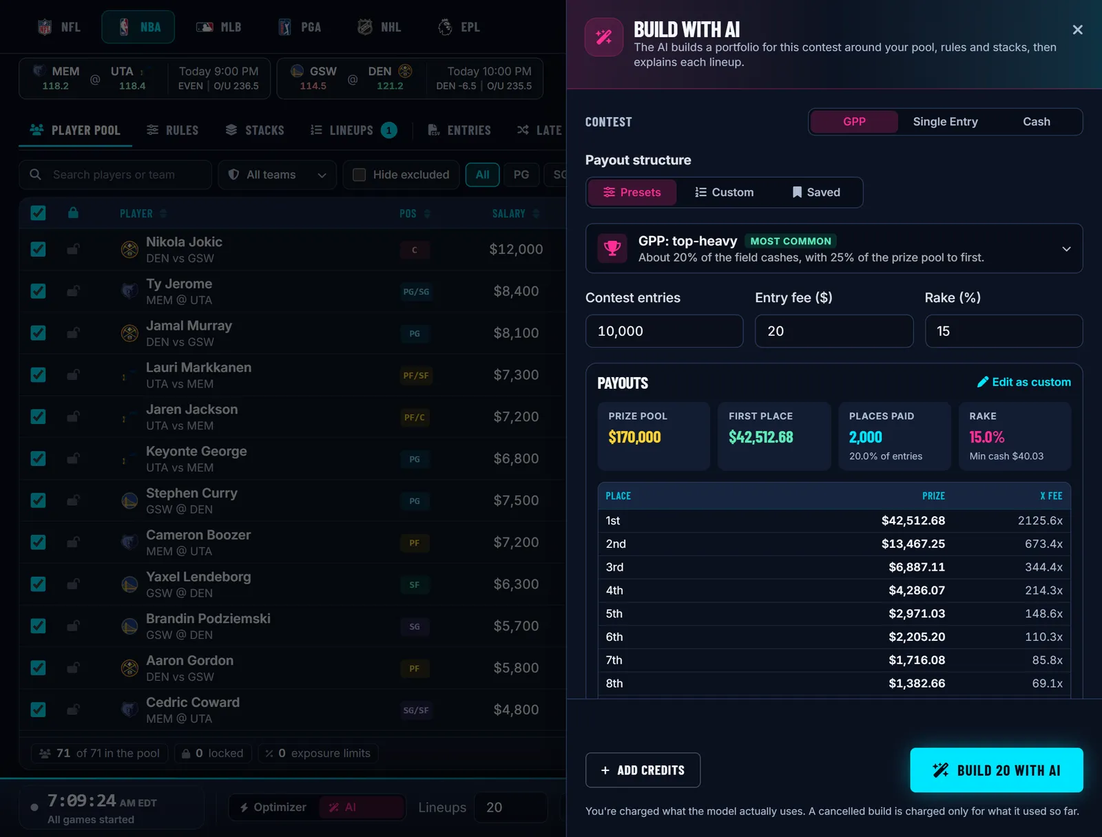 DraftDime AI Lineup Builder setup panel: contest type, GPP payout preset, entries, entry fee, rake and the payout ladder