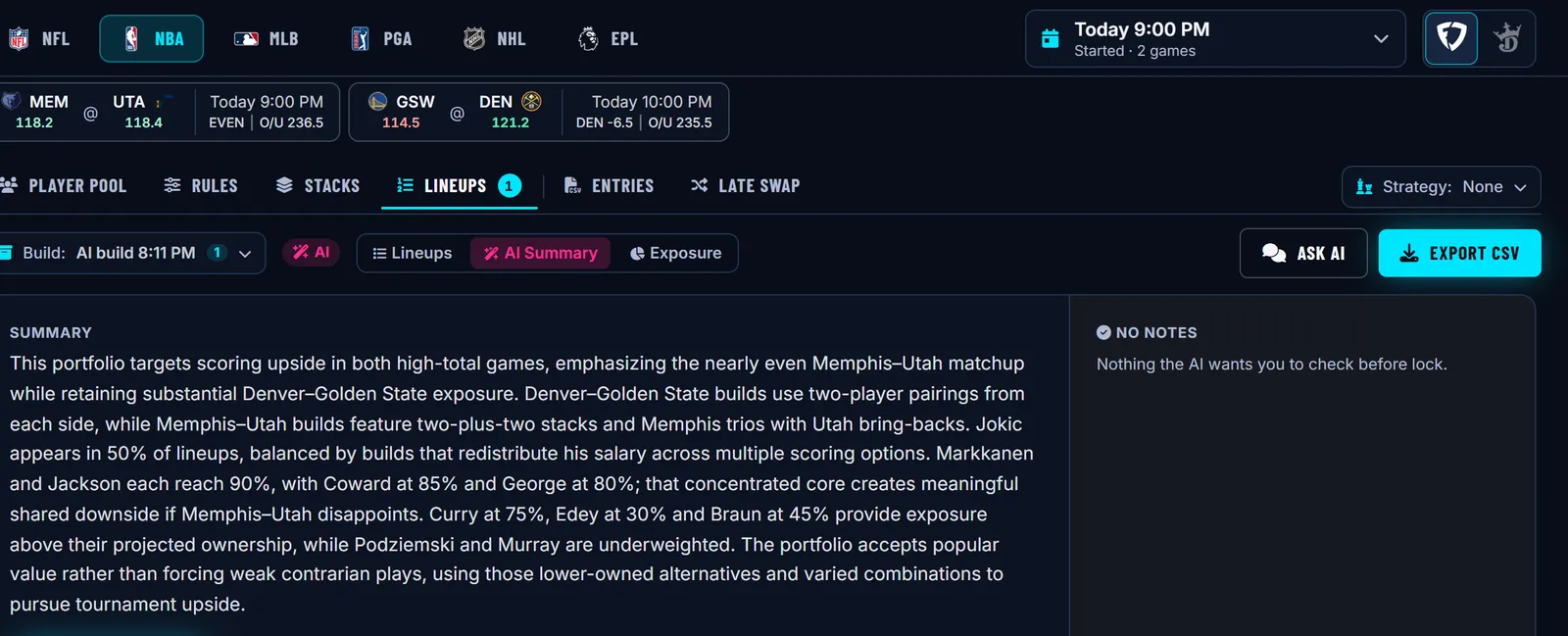 DraftDime AI Lineup Builder summary explaining an NBA portfolio: game stacks, exposure versus projected ownership and notes before lock