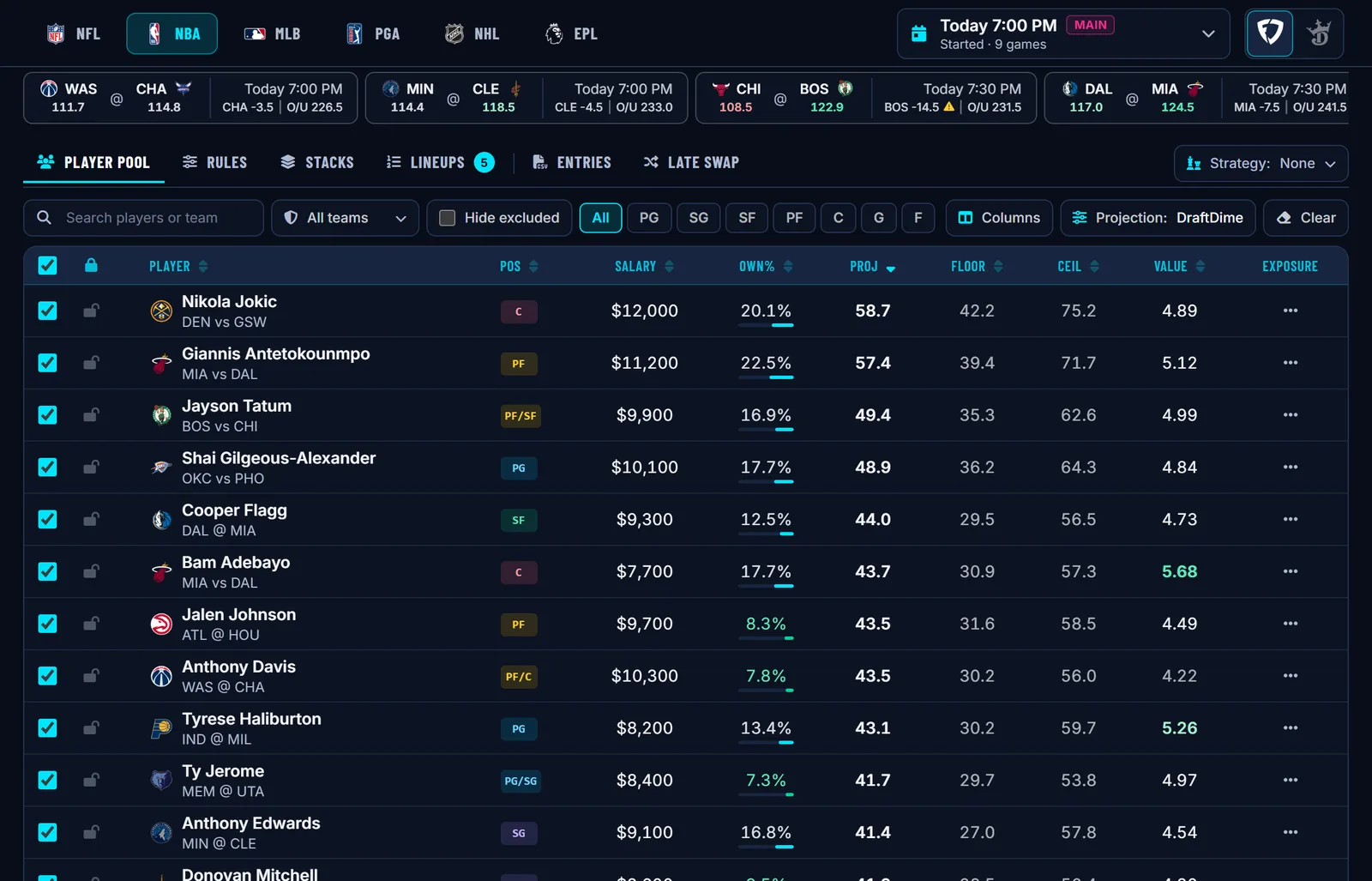 DraftDime NBA DFS optimizer player pool with salary, projected ownership, projection, floor, ceiling and value for a FanDuel slate