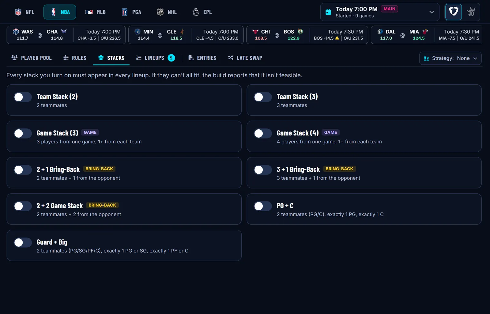 DraftDime DFS optimizer stacks tab with team stacks, game stacks and bring-back stacks for NBA