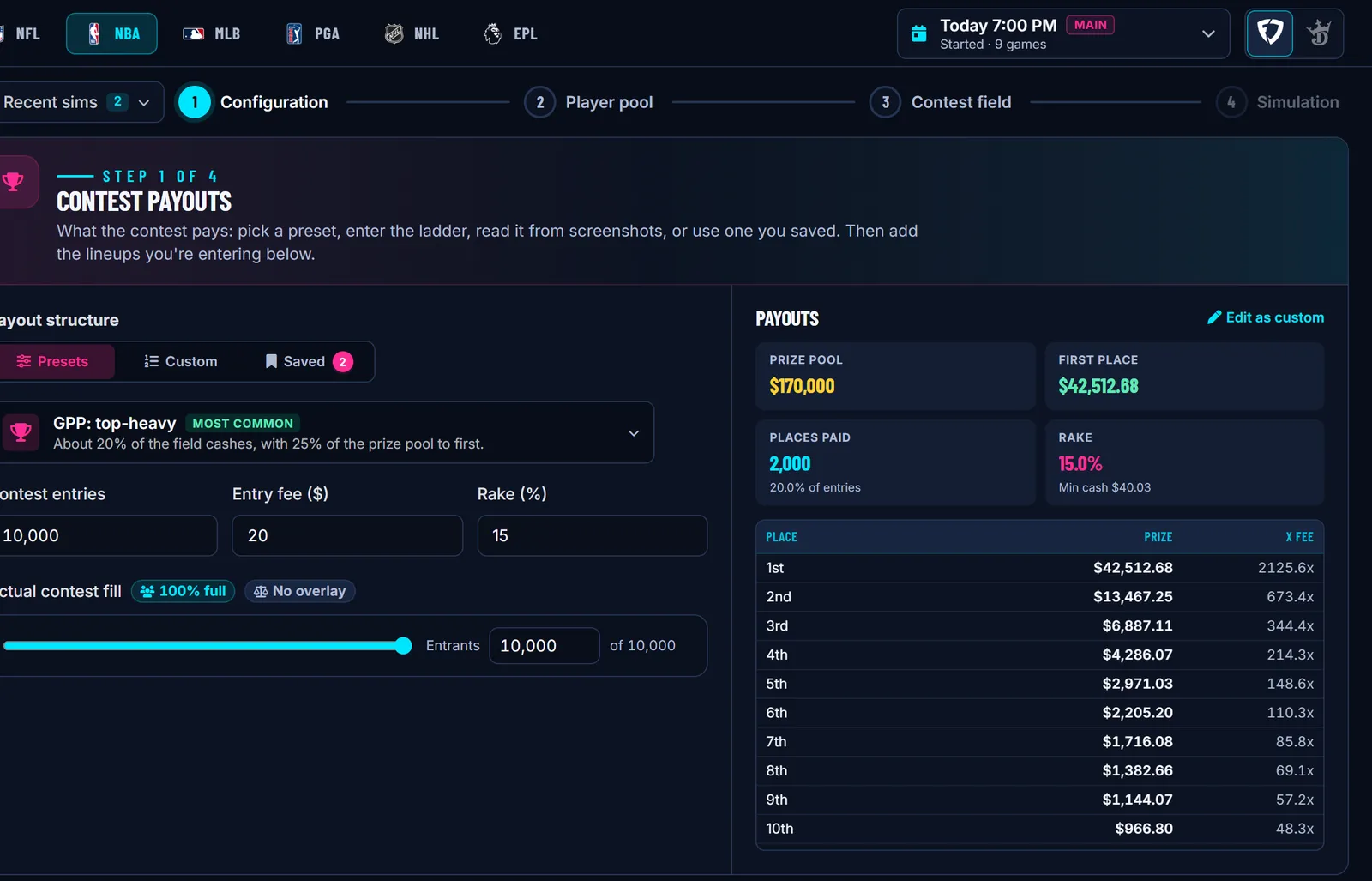 DraftDime DFS simulator contest setup: GPP payout preset, contest entries, entry fee, rake and the full payout ladder